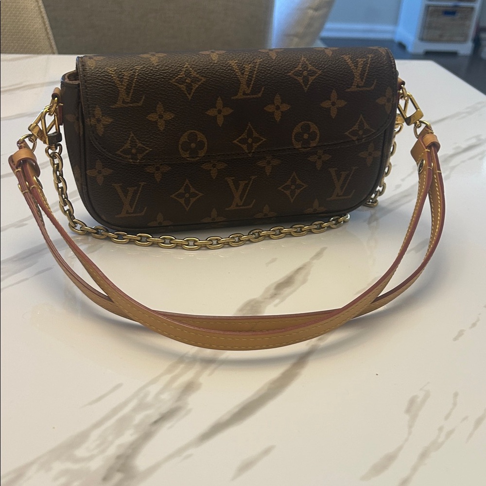 W/PROOF OF PURCHASE Louis Vuitton Brown Monogram Crossbody Bag with Gold Chain